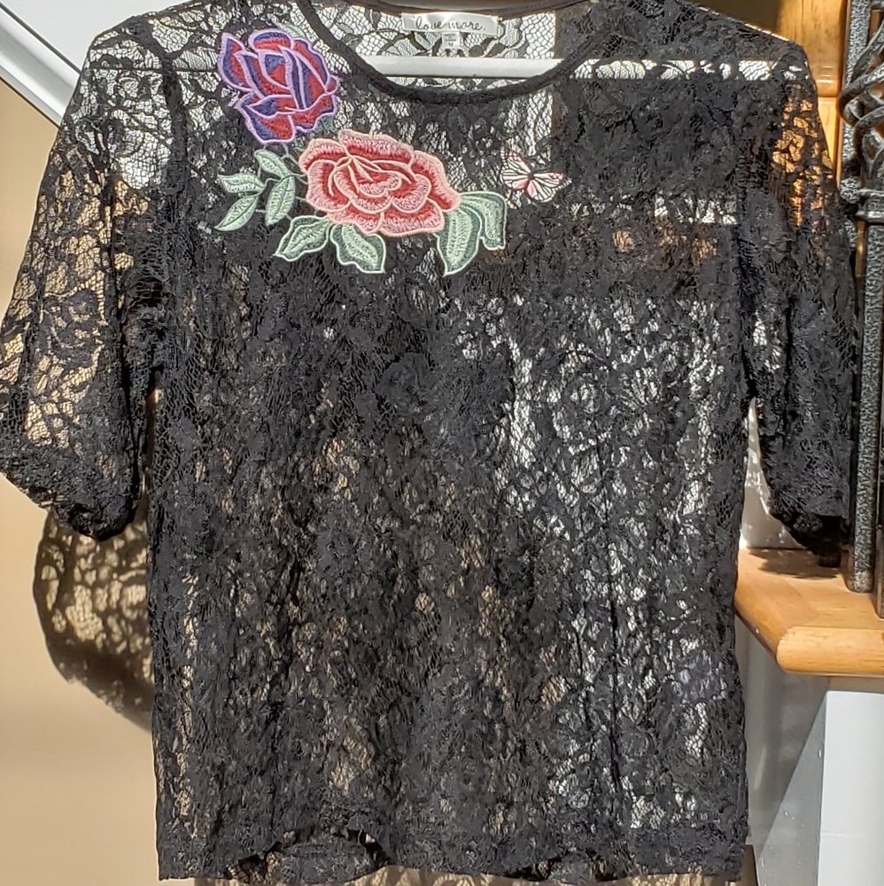 Black See Through Top with Flower Accents